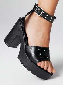 ROMWE Grunge Punk Giày cao gót đinh tán thời trang thanh lịch dành cho nữ, đế xuồng chống thấm nước, kiểu dáng Punk, mũi tròn, thích hợp cho tiệc tùng, mặc hàng ngày, mặc váy dạ hội, tăng chiều cao và kéo dài chân, giày cao gót đa năng thoải mái - màu đen - Xem 3