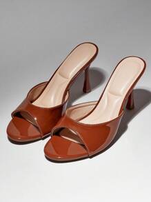 SHUZIA Women's Round Peep Toe Patent High Heel Slides Sandals - Camel - View 2