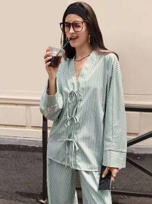 Chiquease 2 pièces Ensemble pour femme : Top à ceinture large et pantalon à jambes larges à taille élastique - Vert - Voir 1