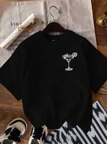 Attitoon Áo thun nữ tay ngắn cổ tròn dáng rộng họa tiết ly cocktail, phù hợp cho mùa hè - màu đen - Xem 2