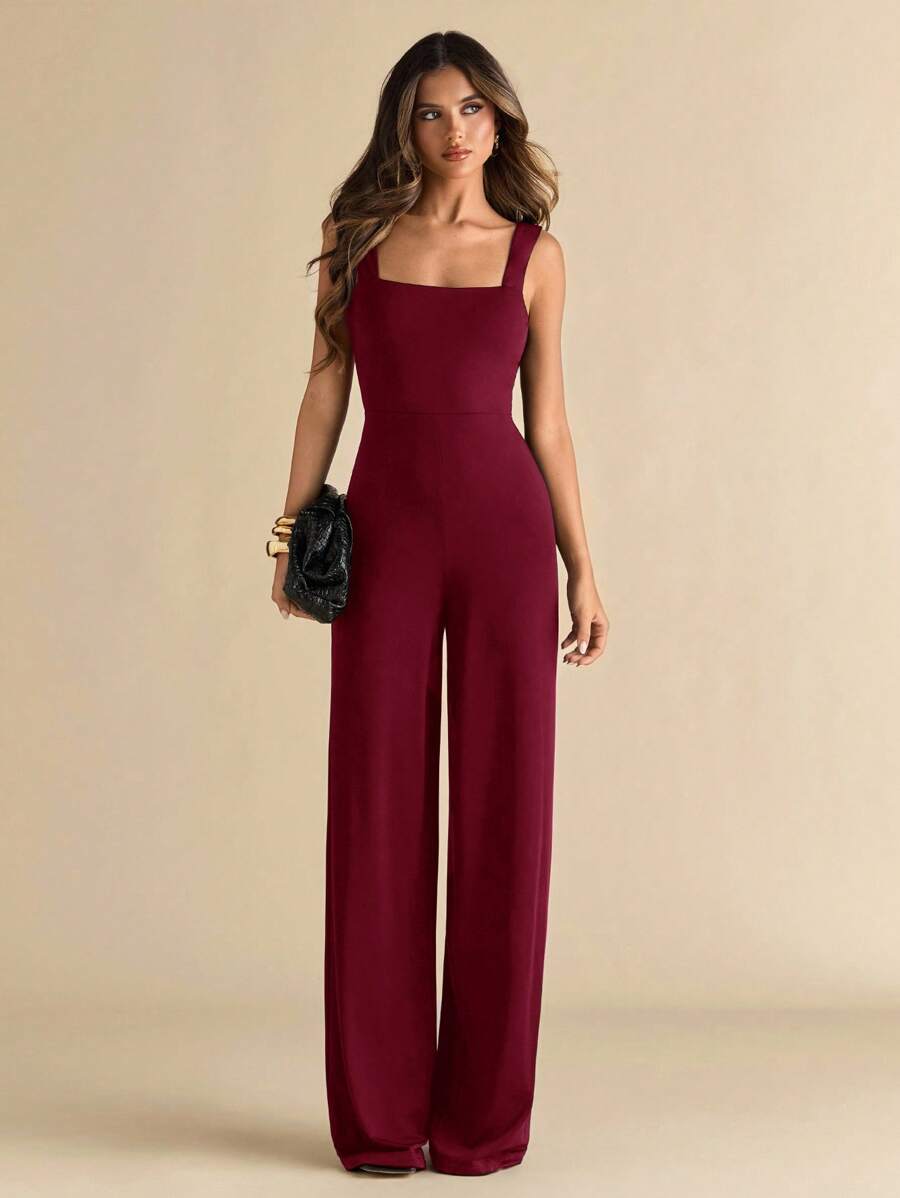SHEIN BAE Women's Elegant Sexy Solid Black Spaghetti Strap Wide Leg Jumpsuit With Backless Bowknot Design, Suitable For Daily Wear, Dating, Outings, Parties, Gatherings, Elegant Women's Layering, Going Out Outfits, Valentine's Day, Casual, Elegant, Vacation - Burgundy - View 1