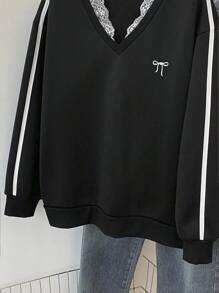 SHEIN Sudadera holgada con cuello en V y parches de encaje para mujer, para otoño - Negro - Ver 3