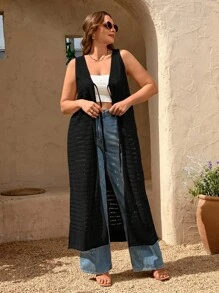 SHEIN Privé Plus Size Women Casual Elegant Vacation Beach Romantic Sleeveless Tie Front Maxi Cardigan, Versatile For Daily Wear, Spring/Fall,Fall Clothes For Women Autumn