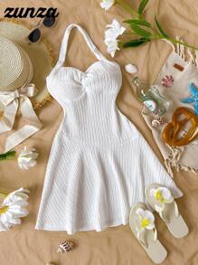 1pc Girls' Casual Vacation White Textured Fabric Double Layer Dress, Summer - White - View 5