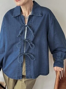 FRIFUL 休闲长袖牛仔衬衫，前部打结，常规长度，牛仔夹克，秋季女装领带前衬衫女式牛仔上衣牛仔衬衫女式领带前牛仔衬衫 - 藍色 - 查看 4