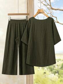 EMERY ROSE Plus Size Women's Early Spring Blue Long Sleeve Shirt And Pants Set - Army Green - View 2