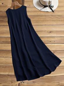 EMERY ROSE 大码女式夏季纯色圆领褶饰荷叶边下摆休闲无袖连衣裙 - 藏蓝色 - 查看 2