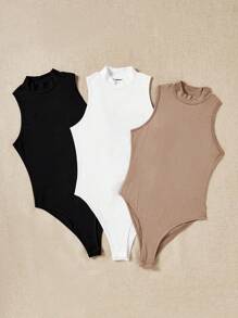 SHEIN EZwear 3 件套女士黑色、白色、棕色高领紧身衣，休闲紧身衣，适合夏季