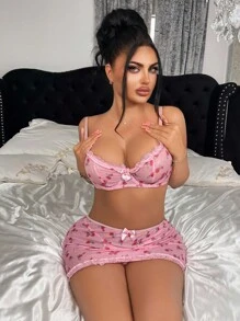SHEIN 3 件套女士花卉网眼性感内衣套装，外出穿着 - 粉色 - 查看 4