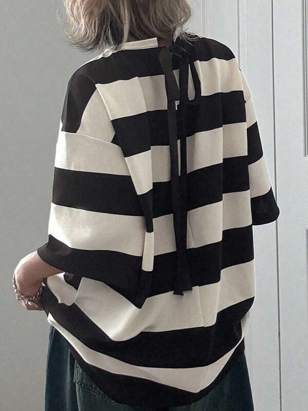 FRIFUL Women's Round Neck Loose Backless Bowknot Loose Blouse