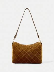 HARRY POTTER X SHEIN Women's Fashionable Retro Minimalist Versatile Brown Velvet Quilted Letter Embroidery Shoulder Bag, Suitable For Daily Outing And School - Brown - View 4