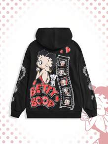 Betty Boop | ROMWE Sudadera con capucha con gráfico de figura de dibujos animados de talla grande - Negro - Ver 1