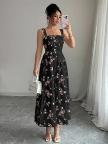 Elenzga 春夏季女士最新花卉优雅腰部褶皱长裙 - 黑色 - 查看 5