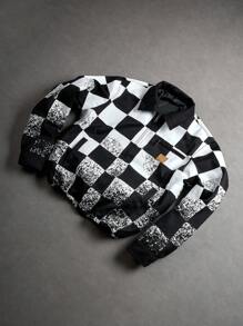 PAVTROS Manfinity Streetrush Comfortable Contrast Checkerboard Pattern Men's Long Sleeve Jacket, Checkered Jacket, Black White Jacket, Race Car Jacket, Fall - Black - View 8