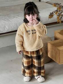 DAZY 2pcs Baby Girls' Sherpa Embroidered Crew Neck Top And Plaid Casual Pants Homewear Set Toddler Girls Clothes - Apricot - View 5