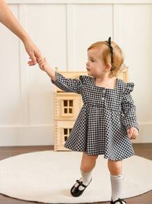 SHEIN Baby Girl Spring&Autumn Casual Style Long Sleeve Checkered Pattern Dress - Black and White - View 1