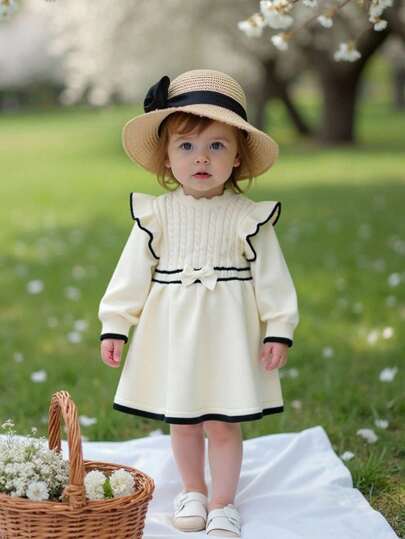 Genkimix Kids Váy len dệt kim dài tay cổ nhún bèo cho bé gái, thoải mái cho mùa thu/đông, màu mơ, thời trang và đa năng cho mặc hàng ngày, ở nhà, ngoài trời, du lịch