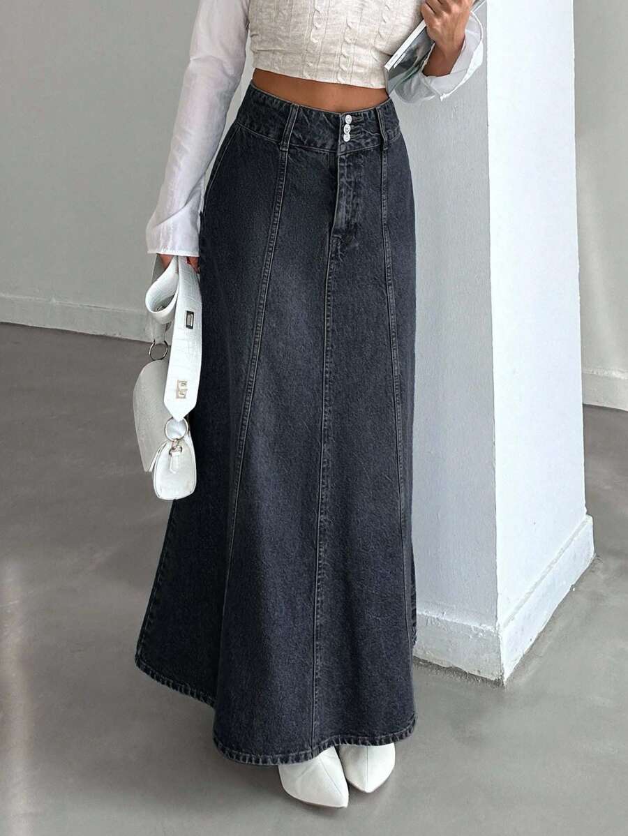 EURMUSE 休闲洗水高腰长款牛仔裙