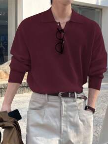 DAZY Men's Solid Color Burgundy Half-Zip Polo Collar Sweater, Autumn - Burgundy - View 4