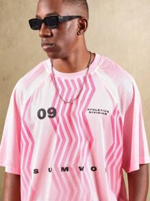 SUMWON Retro Athletics Division Mesh Jersey Streetwear T-Shirt With Wave Pattern Varsity Number Graphics Summer Collection Casual - Pink - View 3