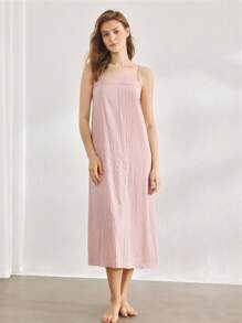 Ocili 女士休闲简约天然亚麻吊带长裙睡衣 - 粉色 - 查看 3