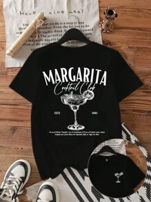 Attitoon Áo thun nữ tay ngắn cổ tròn dáng rộng họa tiết ly cocktail, phù hợp cho mùa hè - màu đen - Xem 7