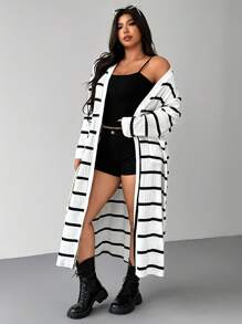 SHEIN EZwear 大码女式条纹落肩长袖双口袋休闲长夹克，秋冬 - 米色 - 查看 3