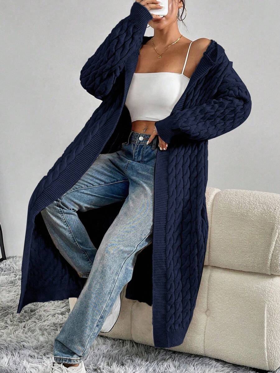 Flirla Cardigan Wanita Lengan Panjang Berkerudung Motif Kabel Putar Kasual Modis untuk Musim Gugur dan Musim Dingin - Navy Blue - View 1