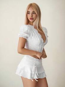 Sweetina Embroidered Fabric Puff Sleeve Underwire Design Women Shirt - White - View 3