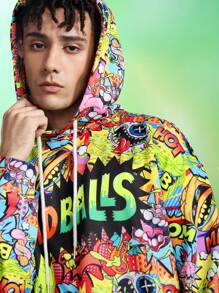 MADBALLS X SHEIN Men's Casual Street Cartoon & Letter Graphic Pocket Drawstring Hoodie, Spring/Autumn - Multicolor - View 5