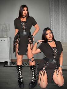 Whyspr Plus Size Sexy Criss-Cross Strap Split Bodycon Dress, Summer - Mocha Brown - View 1