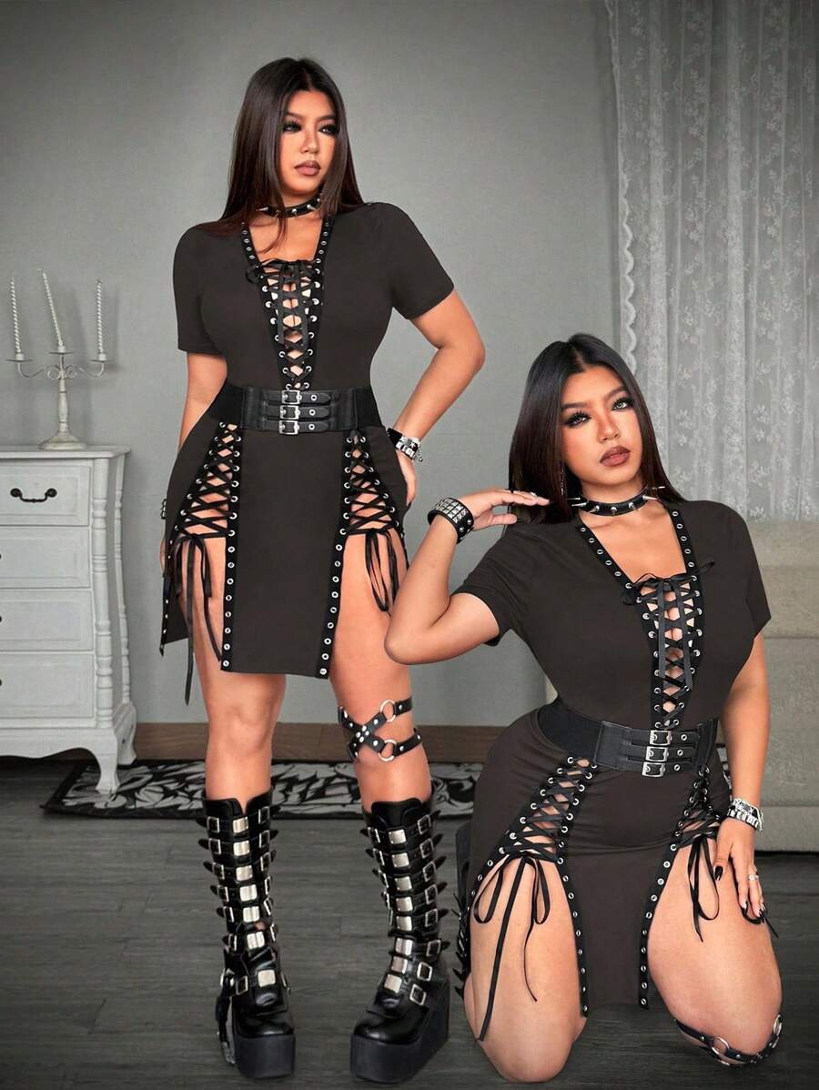 Whyspr Plus Size Sexy Criss-Cross Strap Split Bodycon Dress, Summer - Mocha Brown - View 1