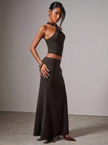 COSMINA Women's Elegant Fitted Knit Halter Neck 2 Pieces Set - Brown - View 6