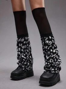 ROMWE Grunge Punk 1 双极简主义 Y2K 豹纹蕾丝暖腿套，过膝暖腿套 - 彩色 - 查看 6