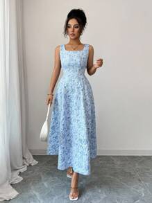 Modelyn 花卉拉链后背方领连衣裙超长款女士晚礼服 - 藍色 - 查看 3