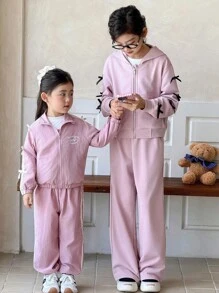 Genkimix Kids 2pcs Tween Girl Fashion Casual Outfit: Hoodie Jacket With 3D Bow Decor And Solid Color Straight Leg Pants Chic Outfits For Autumn/Winter - Pink - View 1