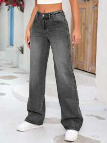 SHEIN Tall Quần Jeans Denim Dáng Rộng, Dáng Rộng, Thường Ngày, Đa Năng, Có Túi Cho Nữ - Xám - Xem 4