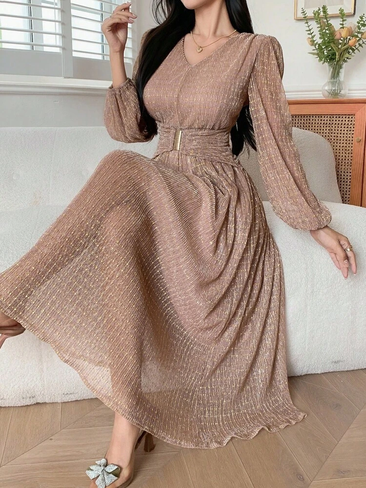 Women's Elegant Solid Color V-Neck Belted Mid-Length Dress, Autumn,Fall Women Clothes Long Sleeve Dress Maxi Dress