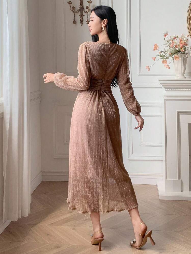 Women's Elegant Solid Color V-Neck Belted Mid-Length Dress, Autumn,Fall Women Clothes Long Sleeve Dress Maxi Dress