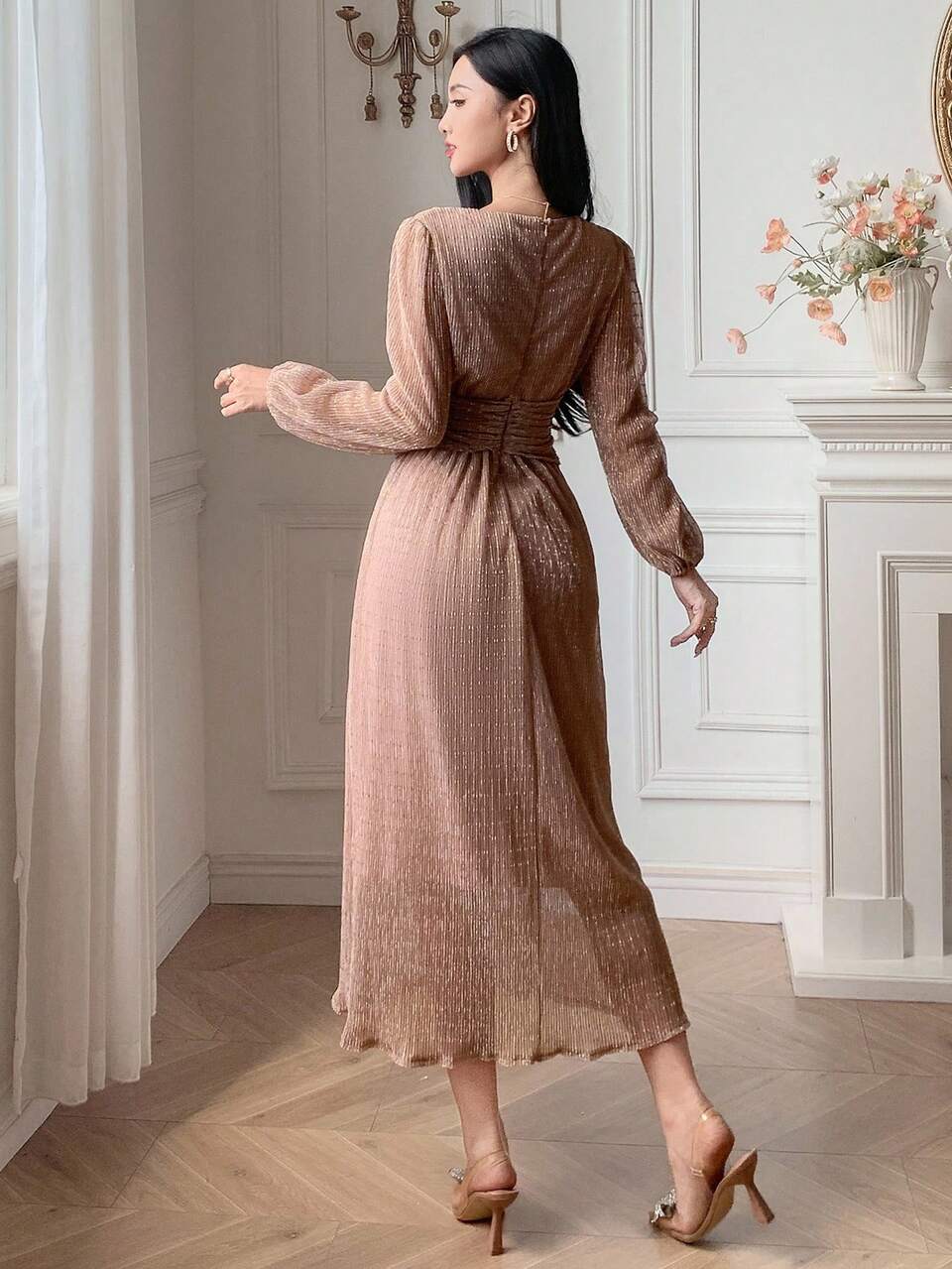 Women's Elegant Solid Color V-Neck Belted Mid-Length Dress, Autumn,Fall Women Clothes Long Sleeve Dress Maxi Dress