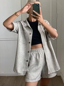 DAZY 2件套女士夏季休闲条纹衬衫和短裤套装 - 米色 - 查看 3