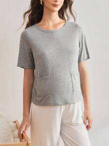 BloomMama Maternity Solid Color Round Neck Short Sleeve Dual Pocket Casual Top - Grey - View 4