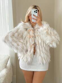 Sweetina Women's Striped Fluffy Exaggerated Date Dress Faux Fur Coat In Fall/Winter - White - View 5