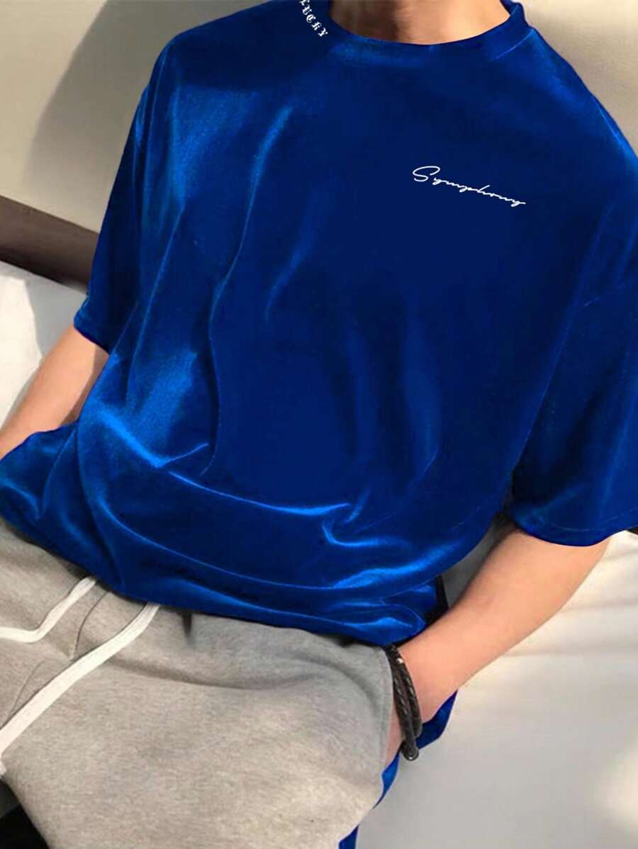 Manfinity Hypemode Men Letter Embroidery Round Neck Casual Versatile Short Sleeve T-Shirt - Blue - View 1