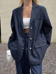 DAZY 女式条纹宽松休闲牛仔夹克 - 灰色 - 查看 1