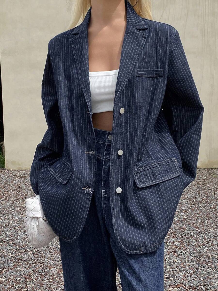 DAZY 女式条纹宽松休闲牛仔夹克 - 灰色 - 查看 1
