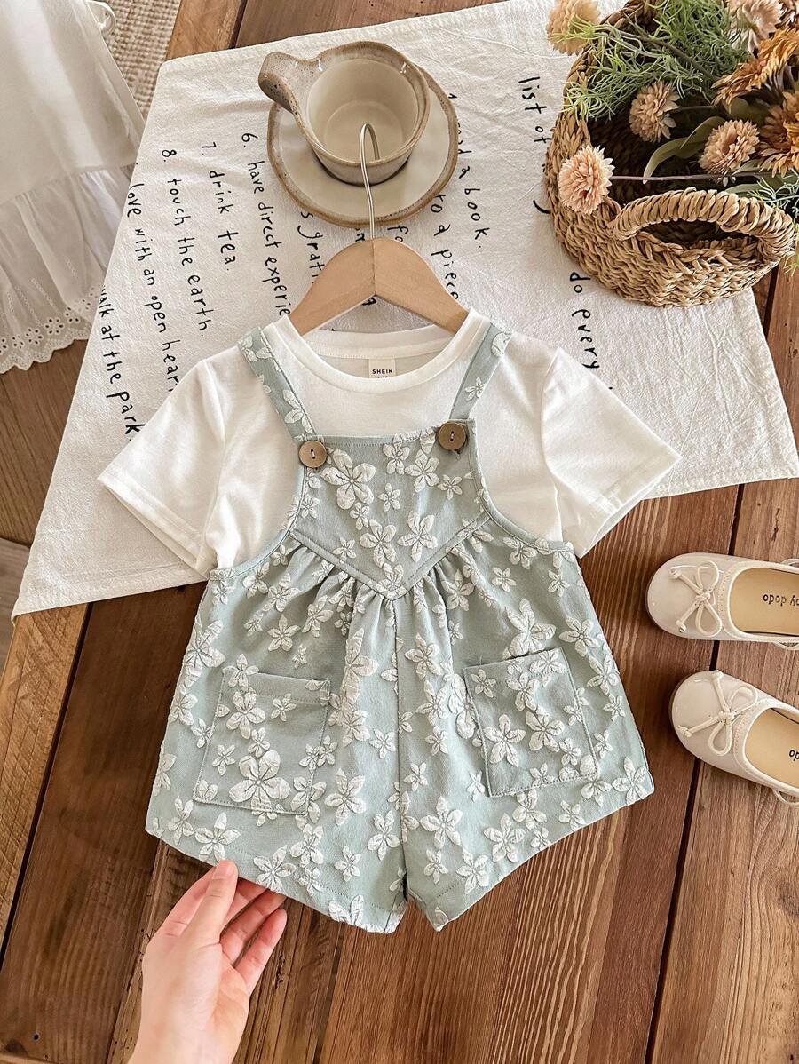 SHEIN LMoss Kids LMoss 女婴纯色提花连体衣 女婴服装 女婴连体衣 碎花婴儿服 两件套女婴套装 女婴夏季套装 两件套女婴服装 女婴复古服装 碎花刺绣婴儿服 无袖多色女婴连体衣，夏季碎花刺绣设计 - 彩色 - 查看 1