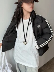 DAZY Abrigo acolchado de unicolor con bloques de color y rayas casual para niñas preadolescentes, invierno - Negro - Ver 9