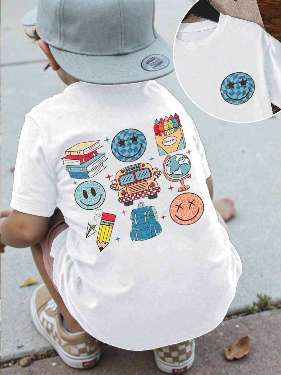 SHEIN 男童休闲时尚舒适简约可爱脸、铅笔、书本图案短袖圆领T恤，夏季