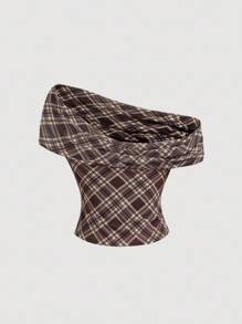 SHEIN MOD 大码女式双面格子短款上衣，百搭复古风格 - 彩色 - 查看 7